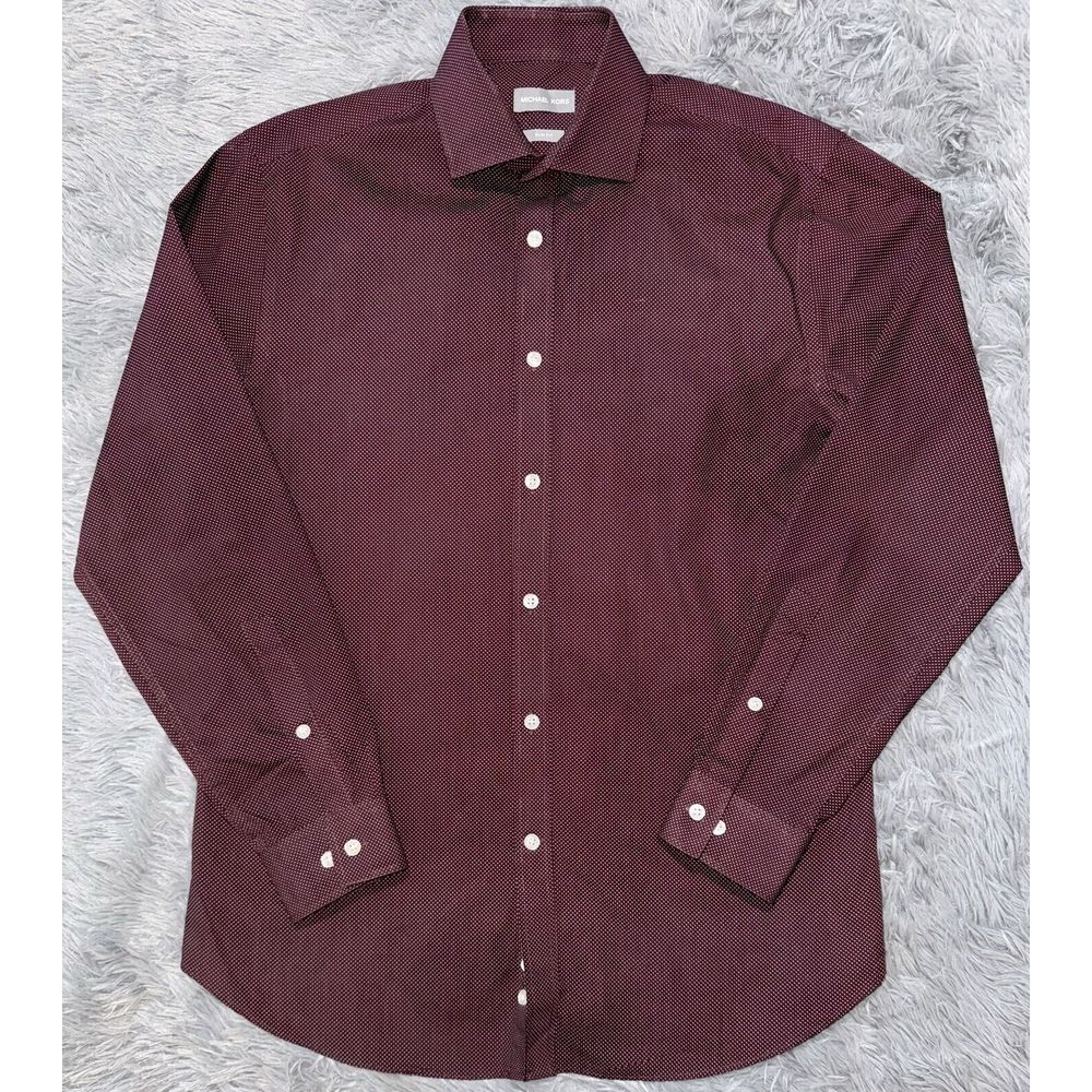 Michael Kors Medium Polka Dot Burgundy Slim Fit Long Sleeve Button Down Collared - Picture 2 of 10